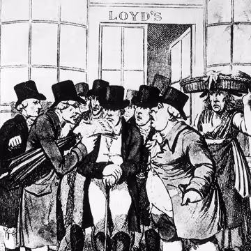 Black and white drawing of men in top hats gathered, reading a paper outside a building labeled 'LOYD'S'.