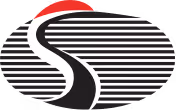 Abstract logo with black and white horizontal stripes, S shape in center, and a red arc on top left.