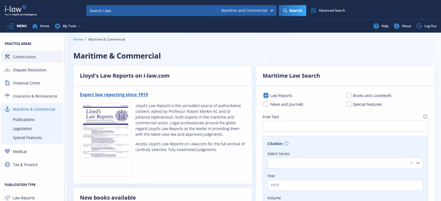 i-law Maritime & Commercial section with search, law reports, and navigation menu on left panel.
