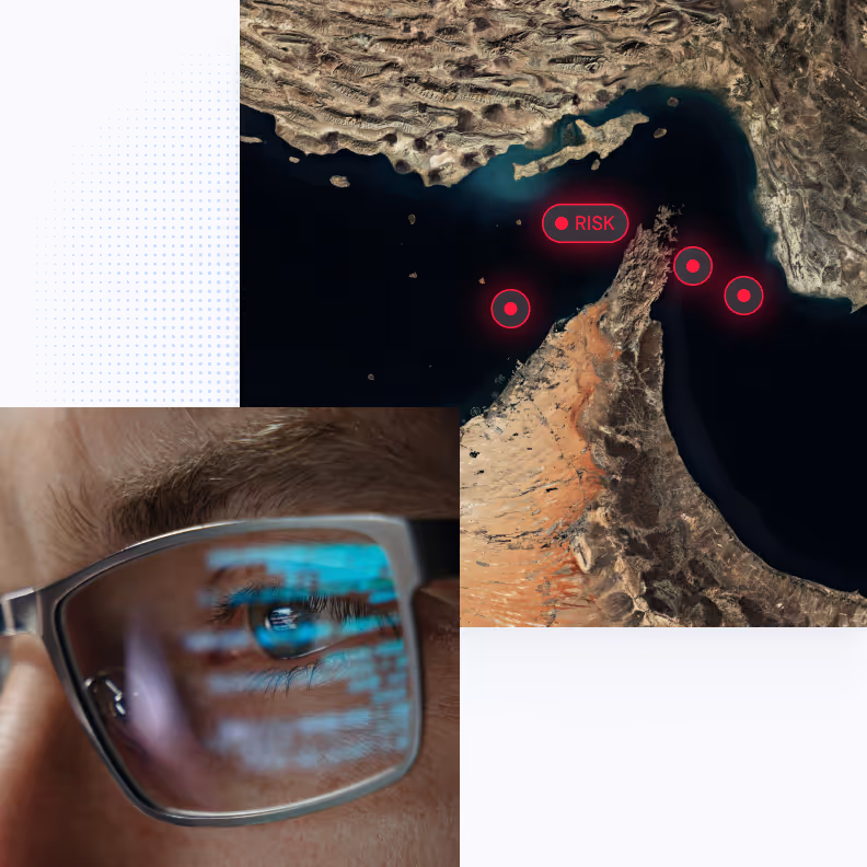 Close-up of a person’s eye with code reflection and a map showing red risk markers over water.