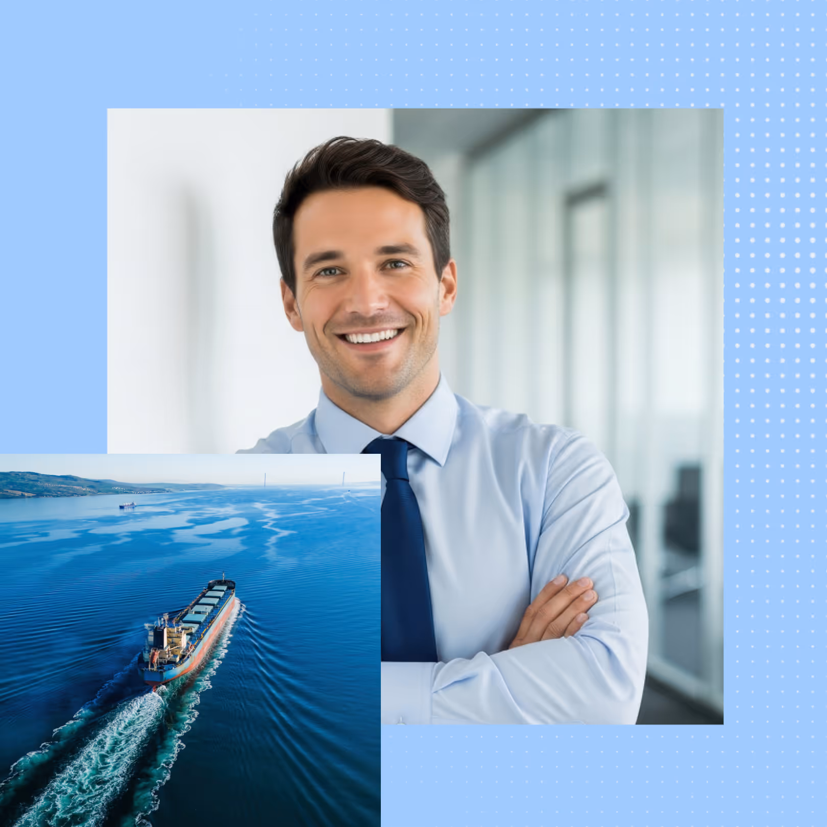 Smiling man in blue shirt and tie with crossed arms, alongside a cargo ship sailing on calm blue water.