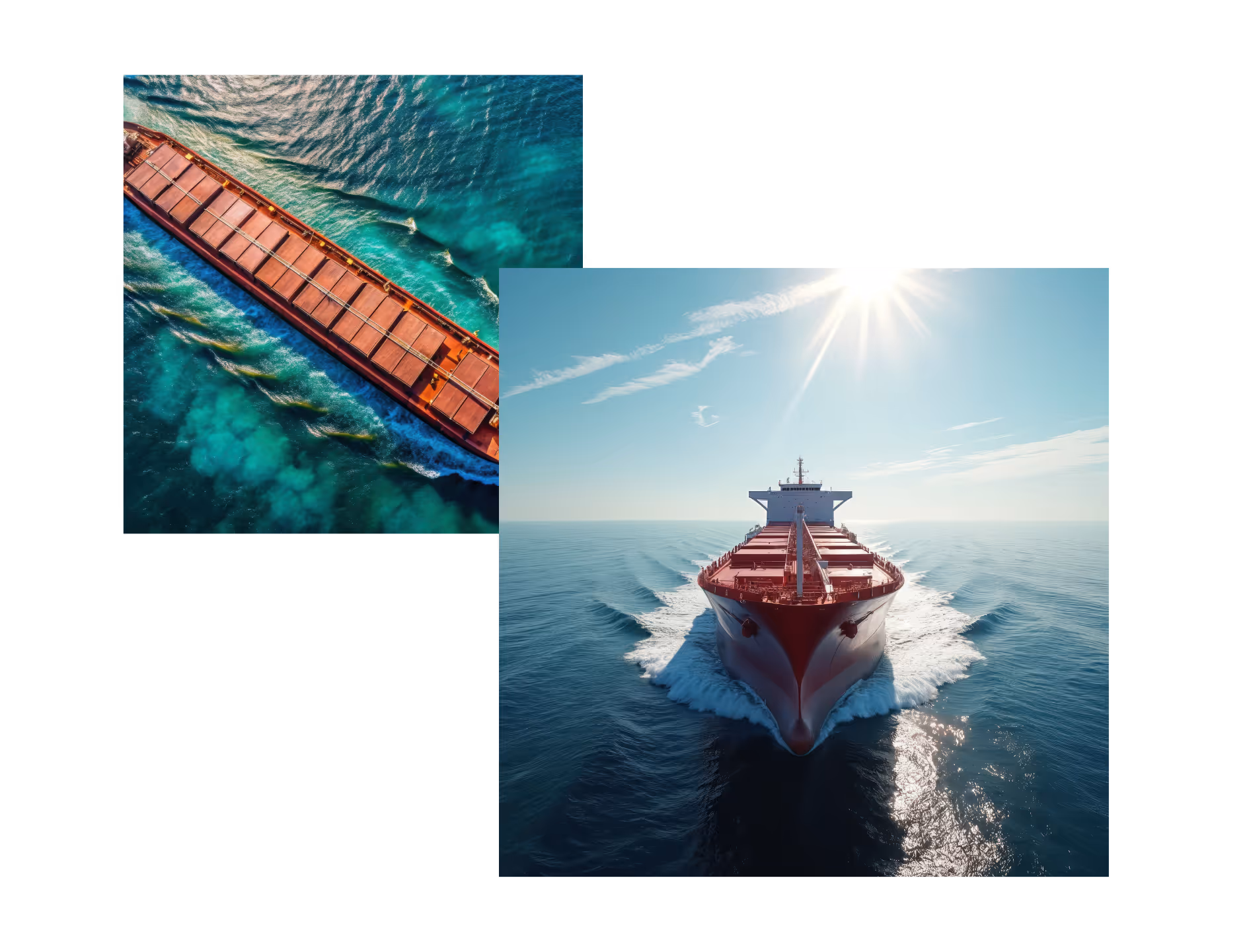 Two cargo ships sailing on clear blue ocean waters under sunny skies.