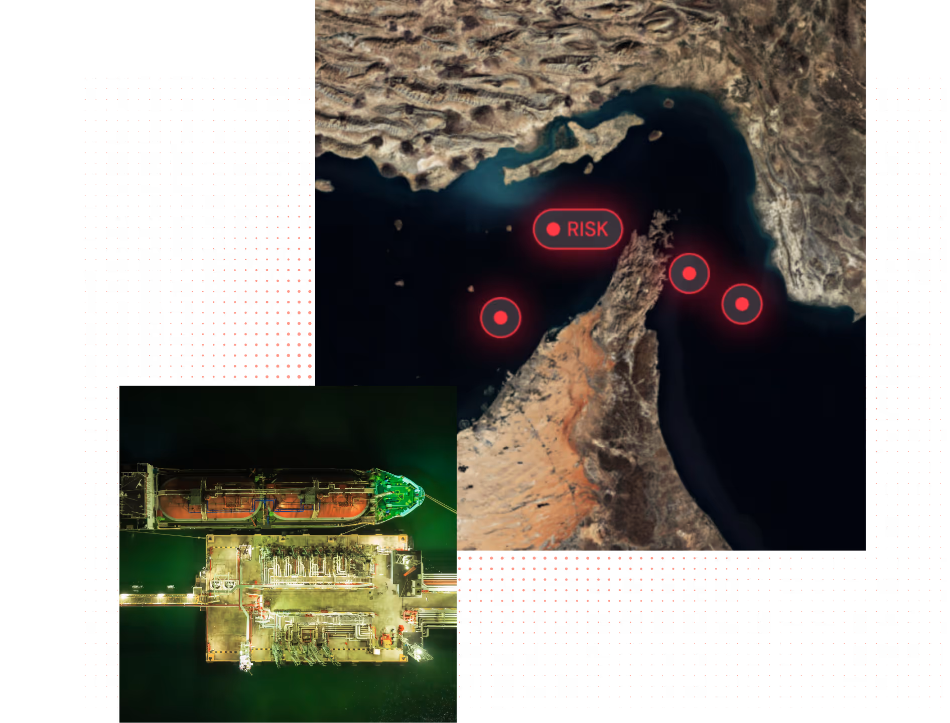 Aerial view of ship docked at a port with a map highlighting risk zones in red circles on a coastal area.