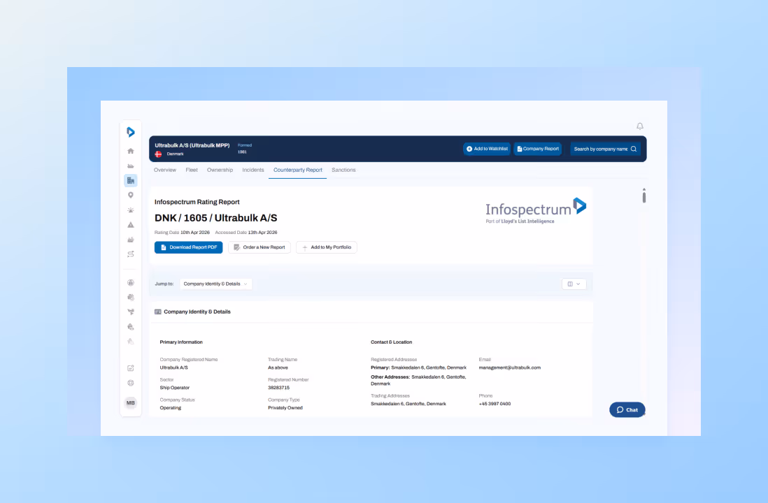 Company profile page for Ultrabuk A/S showing contact, location, and options to download report or add to portfolio.