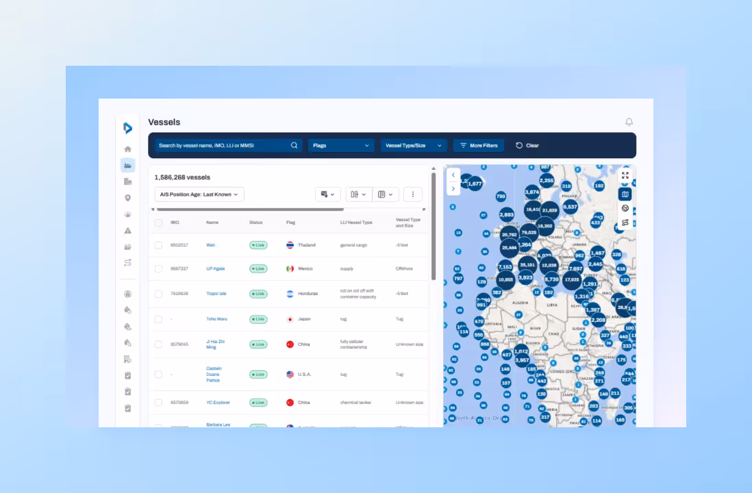 Vessel tracking interface showing a list of ships with details and a map with vessel locations near Africa.