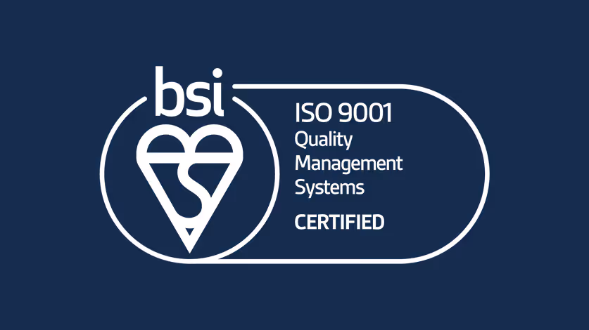 BSI logo with ISO 9001 Quality Management Systems Certified text on a dark blue background.