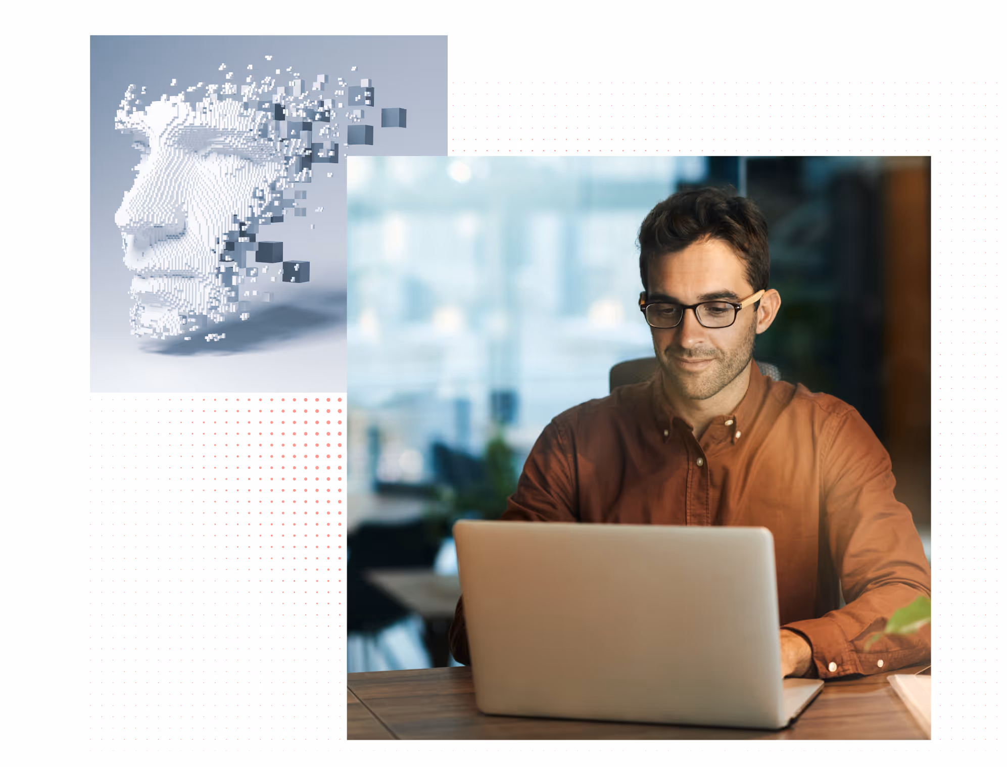 Man wearing glasses working on a laptop at a desk with a pixelated digital face sculpture nearby.