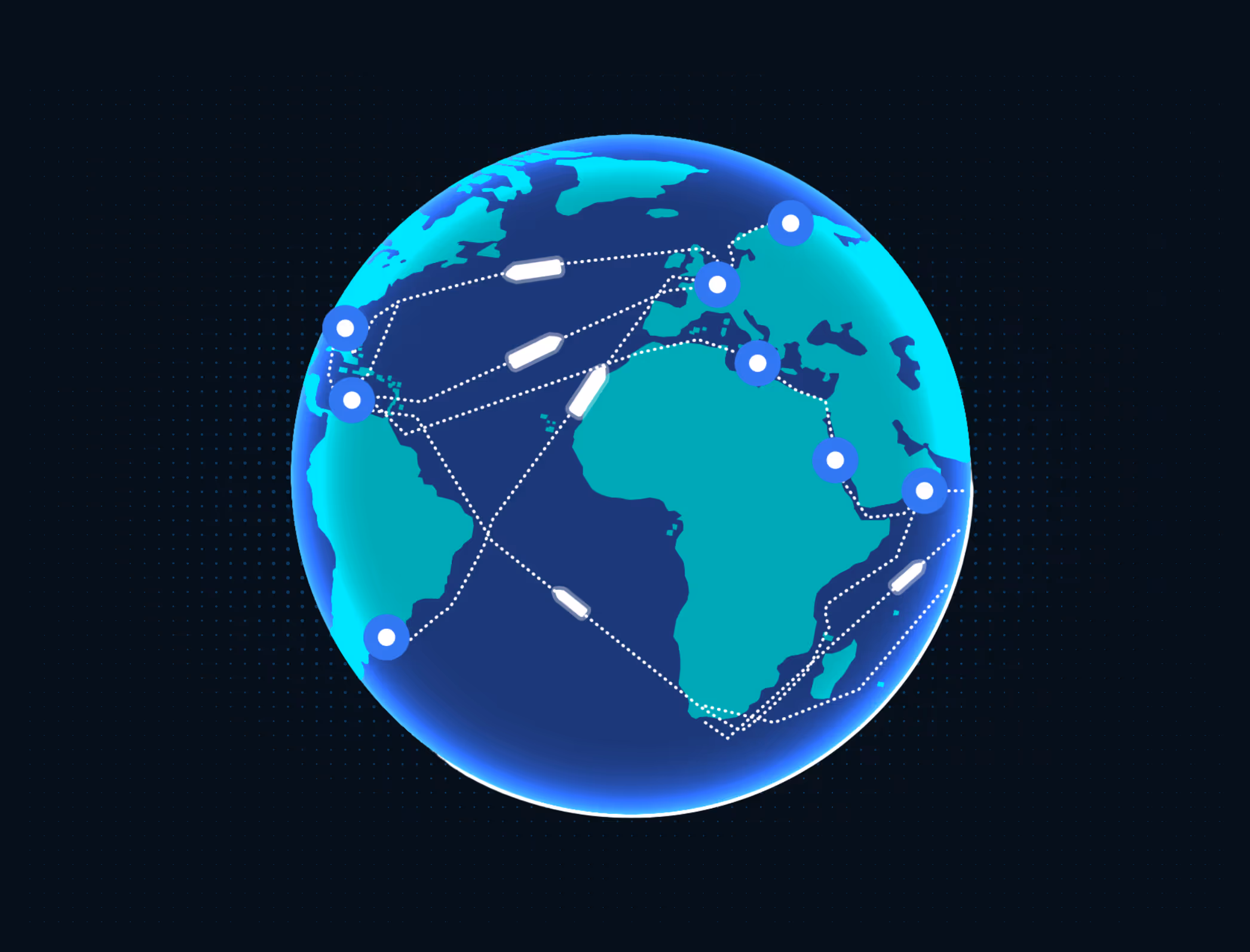 Digital globe with shipping routes across the Atlantic Ocean marked by dotted lines and icons.