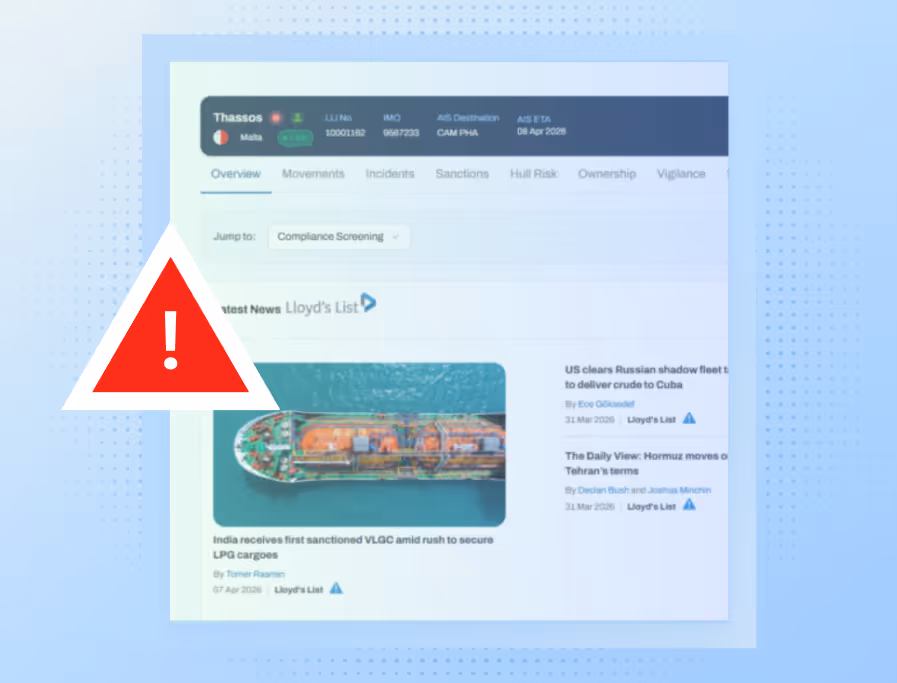 Screenshot of a ship tracking dashboard with a red warning icon overlay.