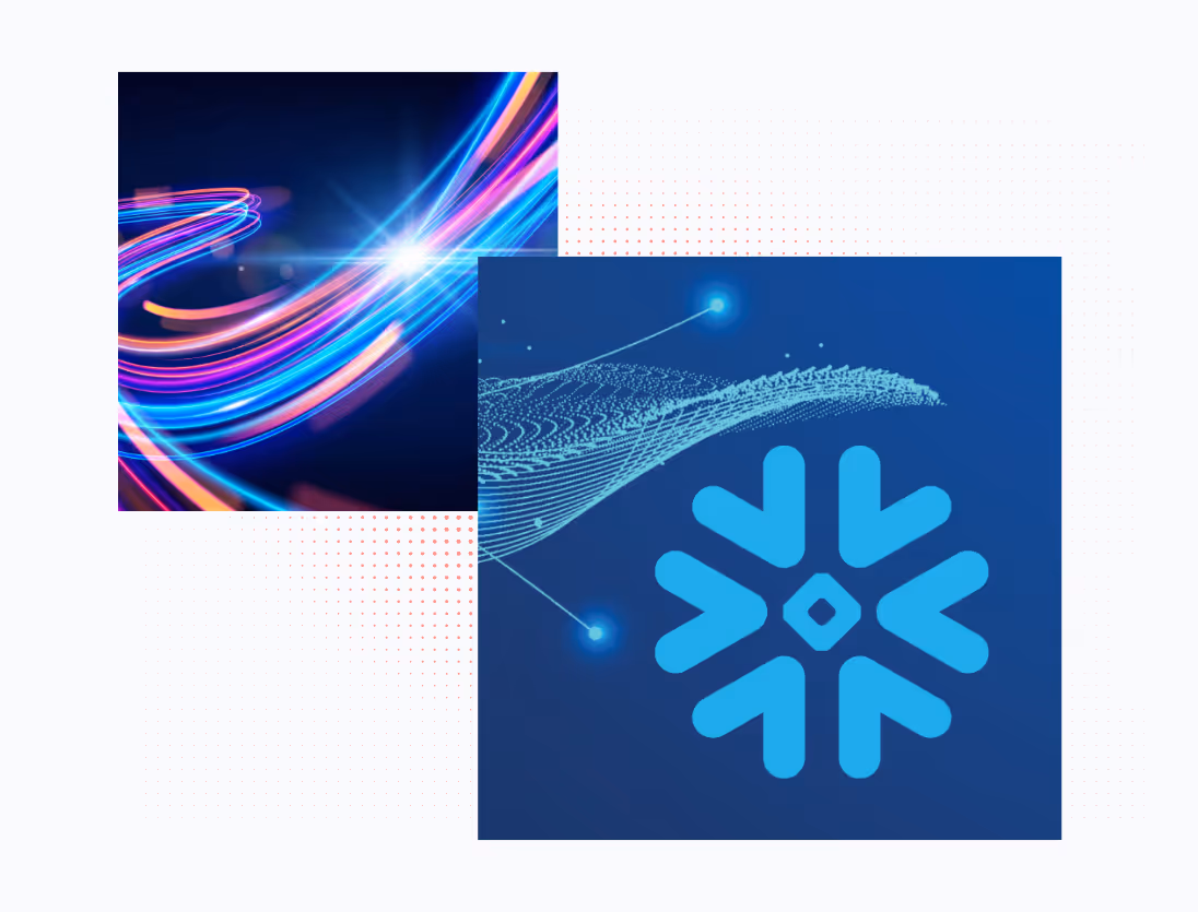 Blue and pink light streaks with digital network and blue snowflake-like icon on dark backgrounds.