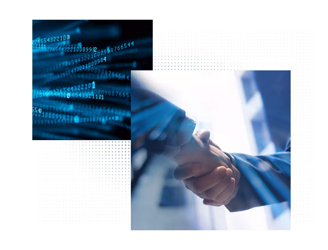 Hands shaking in a business handshake overlaid with streaming digital code in blue tones.