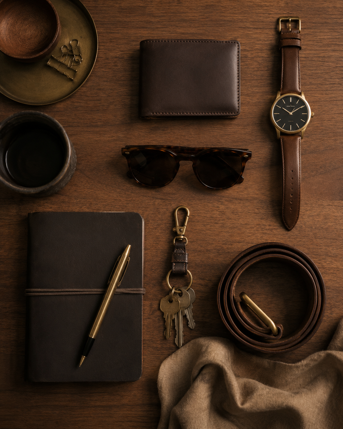 Everyday objects including a leather wallet, watch, sunglasses, keys, notebook, pen, and belt arranged on a wooden tabletop.
