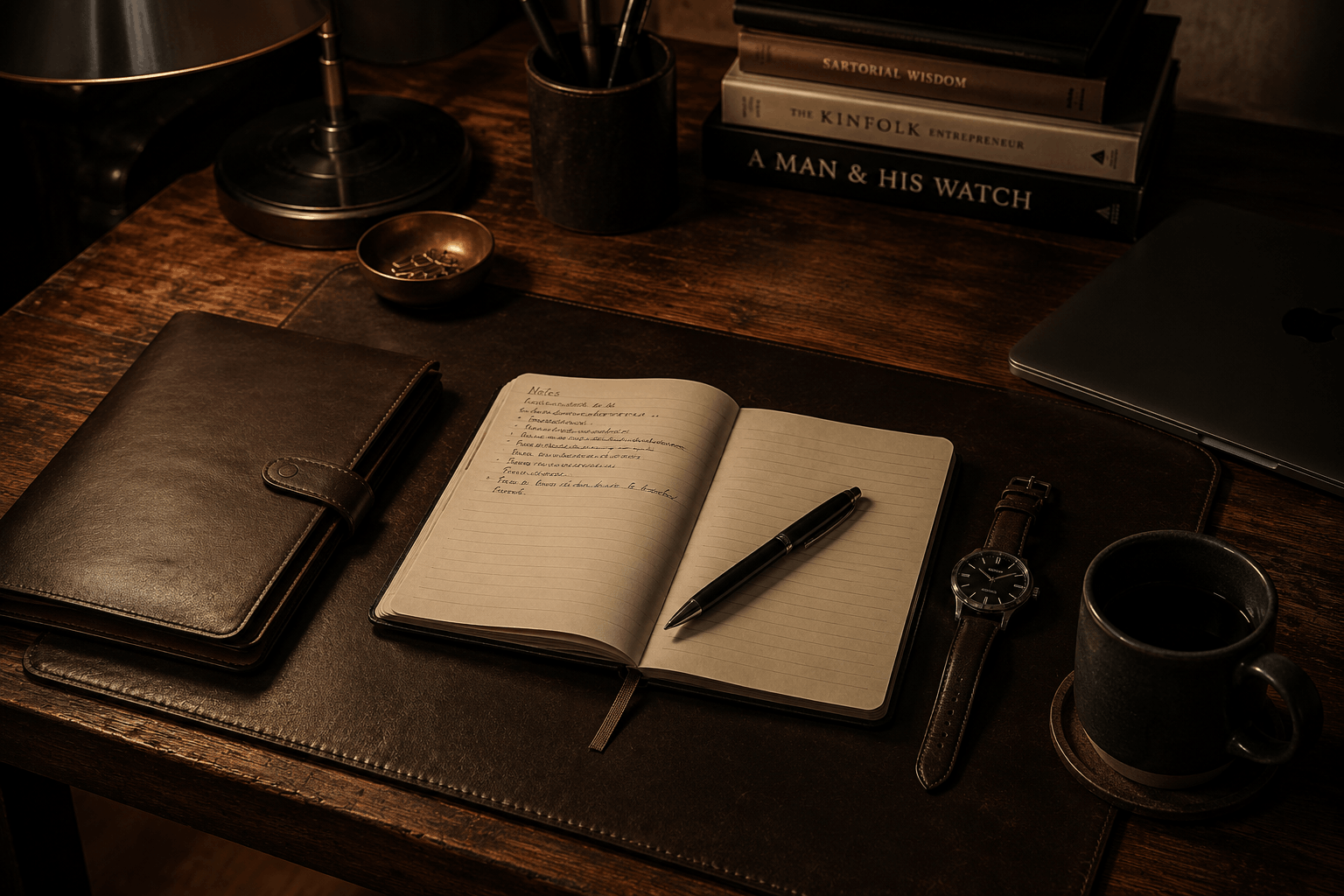 A dark walnut workspace with a leather desk pad, open notebook, pen, watch, coffee cup, books, and laptop under warm lamplight.