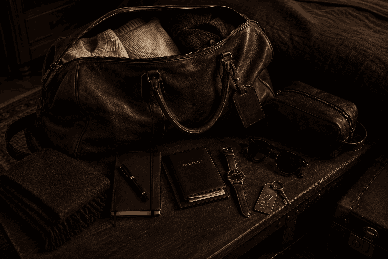 A worn brown leather weekender packed with folded clothing beside a dopp kit, passport, watch, sunglasses, notebook, and travel accessories.