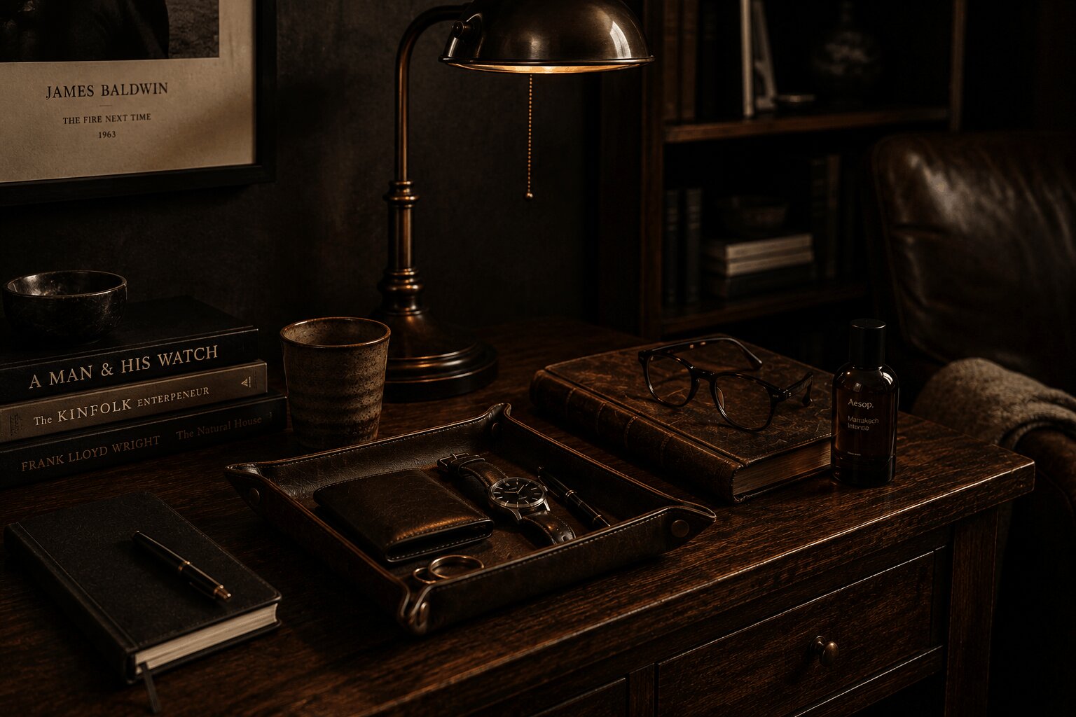 Everyday objects including a leather wallet, watch, sunglasses, keys, notebook, pen, and belt arranged on a wooden tabletop.