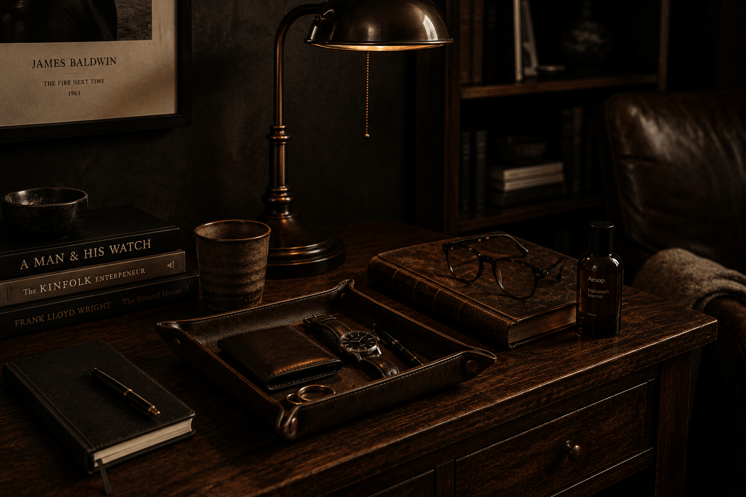 A dark walnut desk with worn leather goods, books, glasses, a watch, lamp, and personal objects arranged in a warm, moody study.