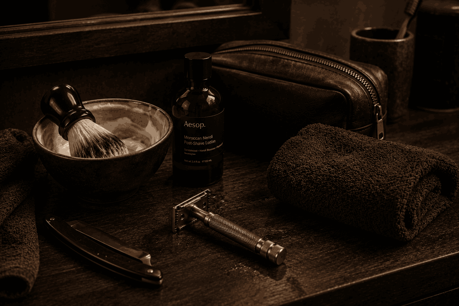A safety razor, shaving brush, lather bowl, straight razor, aftershave, leather dopp kit, and folded towel on a dark walnut vanity.