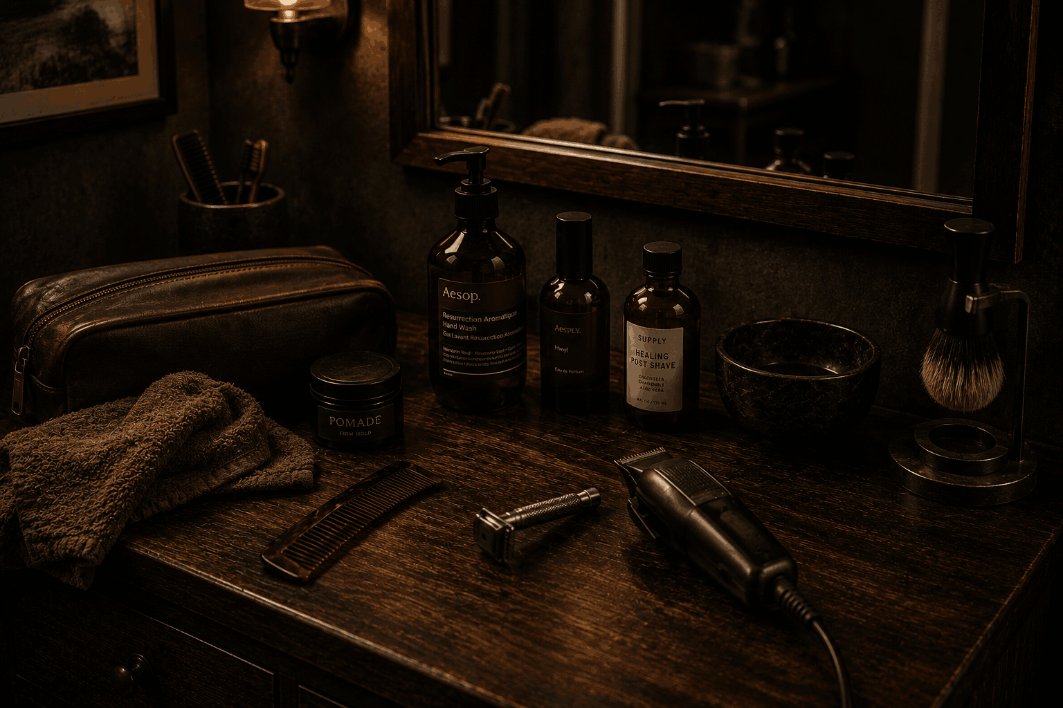 A dark walnut grooming station with clippers, razor, comb, shaving brush, amber bottles, a leather dopp kit, and folded towels under warm, moody light.