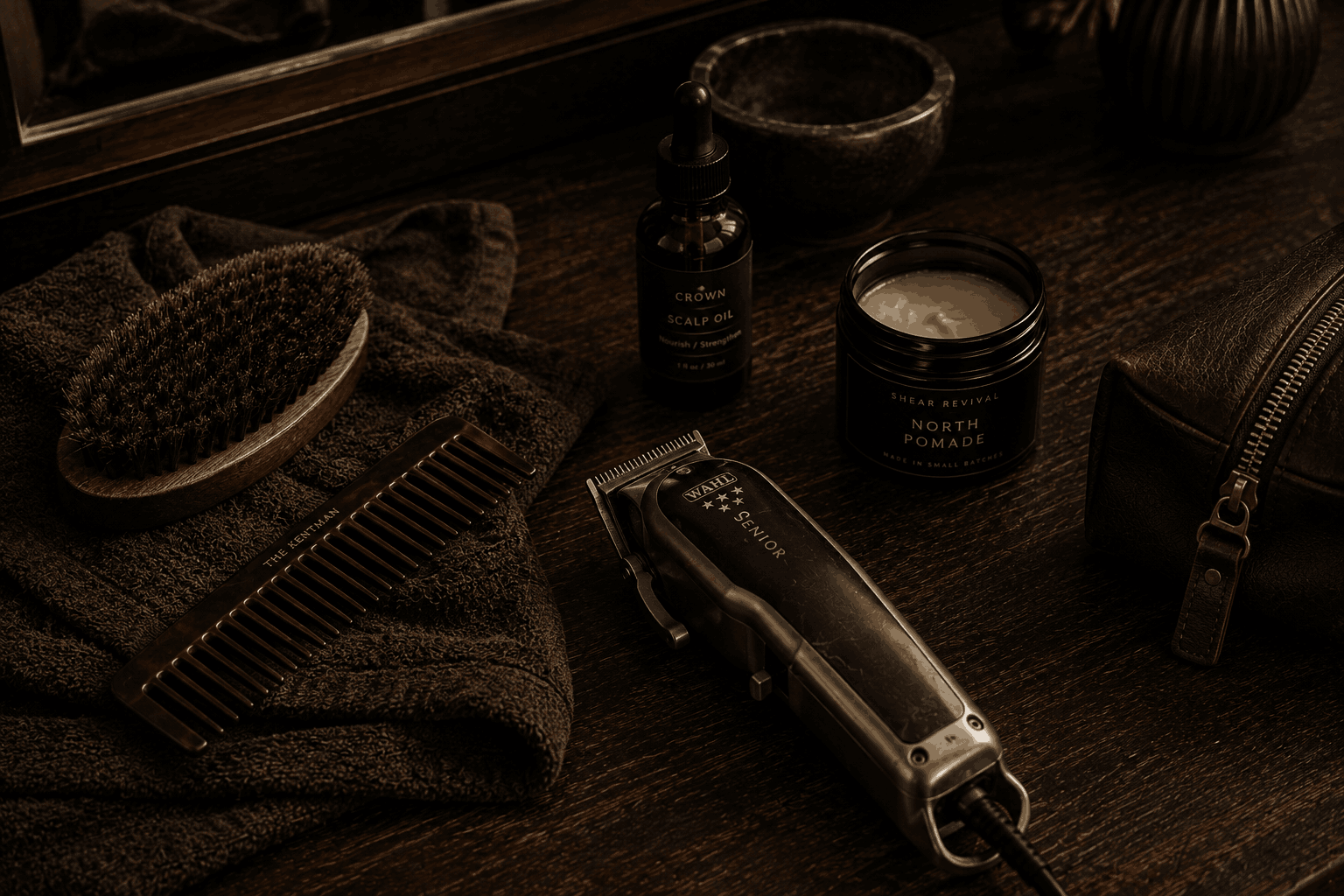 Clippers, a wooden brush, comb, scalp oil, pomade, and a folded dark towel arranged on a dark walnut grooming surface.