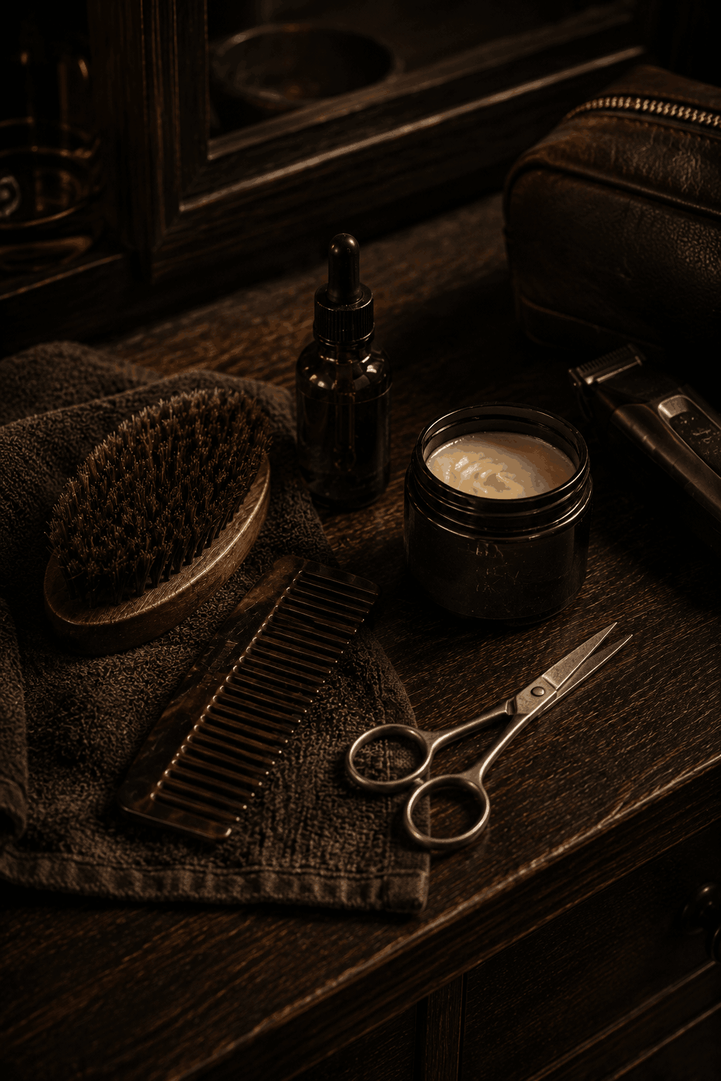 A beard brush, comb, beard oil, balm, grooming scissors, and trimmer arranged on a dark wood vanity with a folded brown towel.