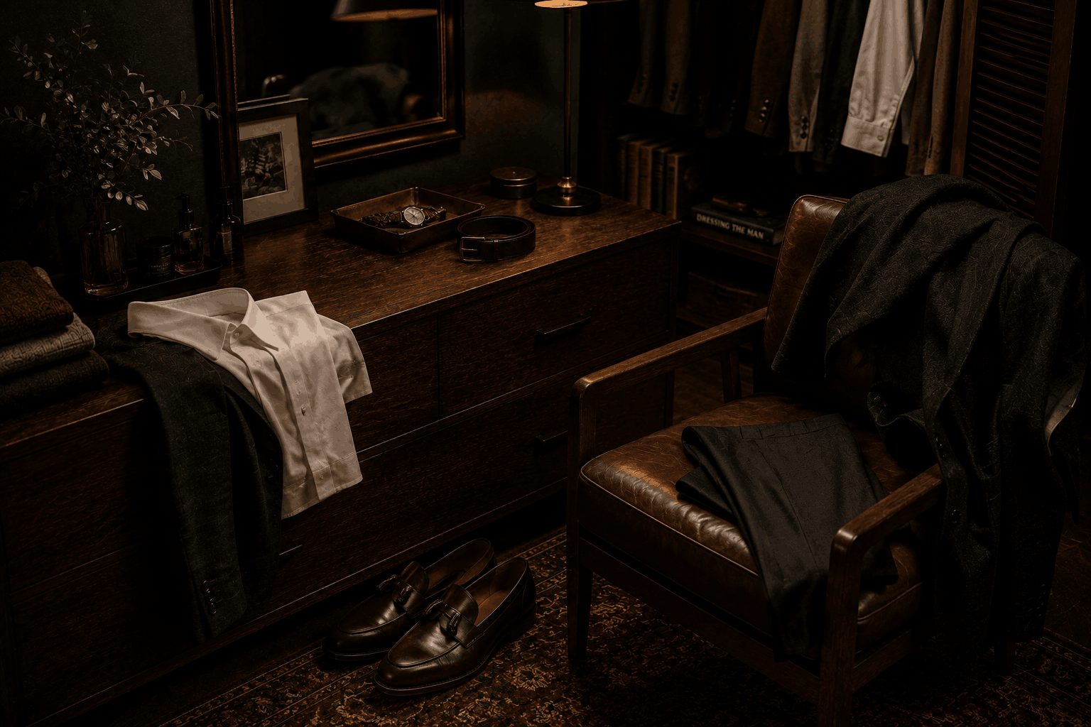 A dark walnut dressing room with a white shirt, tailored trousers, blazer, leather loafers, belt, and watch arranged under warm, moody light.