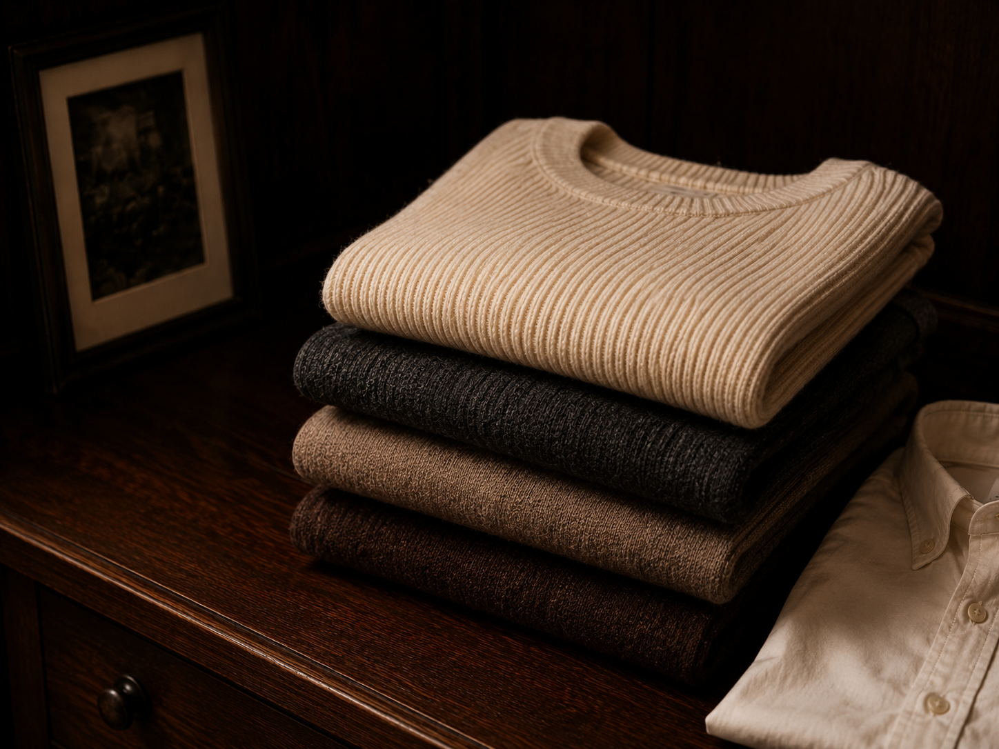 Folded cream, charcoal, brown, and black knitwear with a white button-down shirt on a dark walnut dresser.