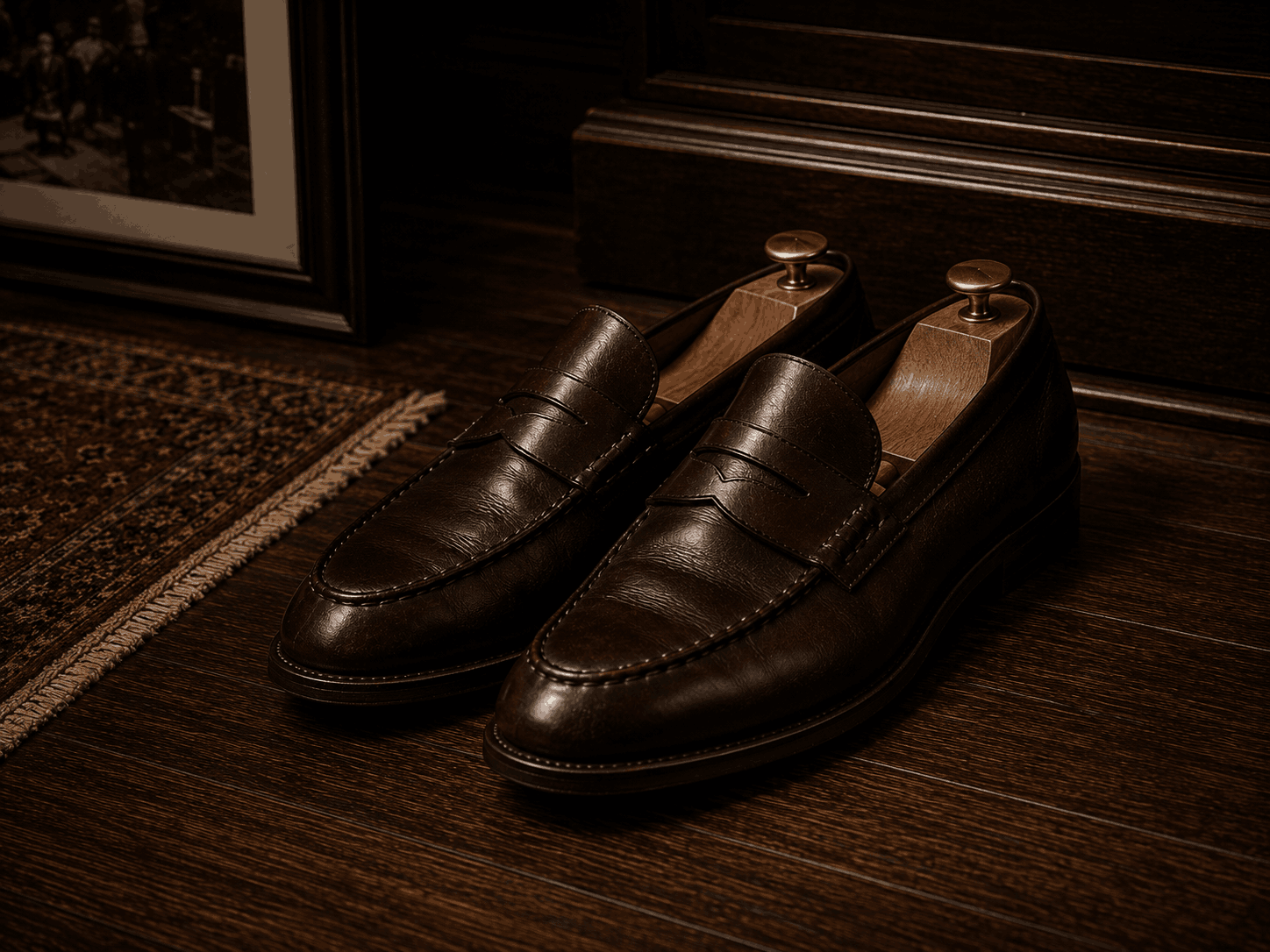 A pair of worn dark brown penny loafers with wooden shoe trees on a dark wood floor beside a patterned rug.