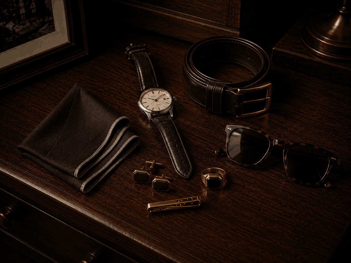 A leather-strap watch, brown belt, tortoiseshell sunglasses, wallet, cufflinks, ring, tie bar, and folded handkerchief arranged on a dark walnut dresser.