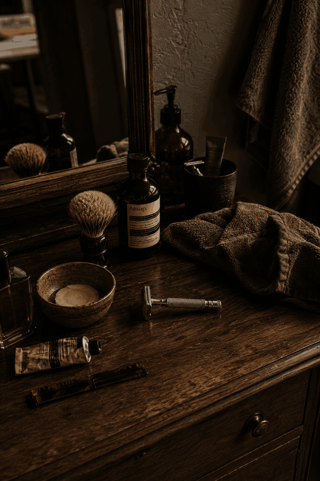 Grooming tools including a razor, shaving brush, comb, scissors, soap, and towel arranged on a textured stone surface.