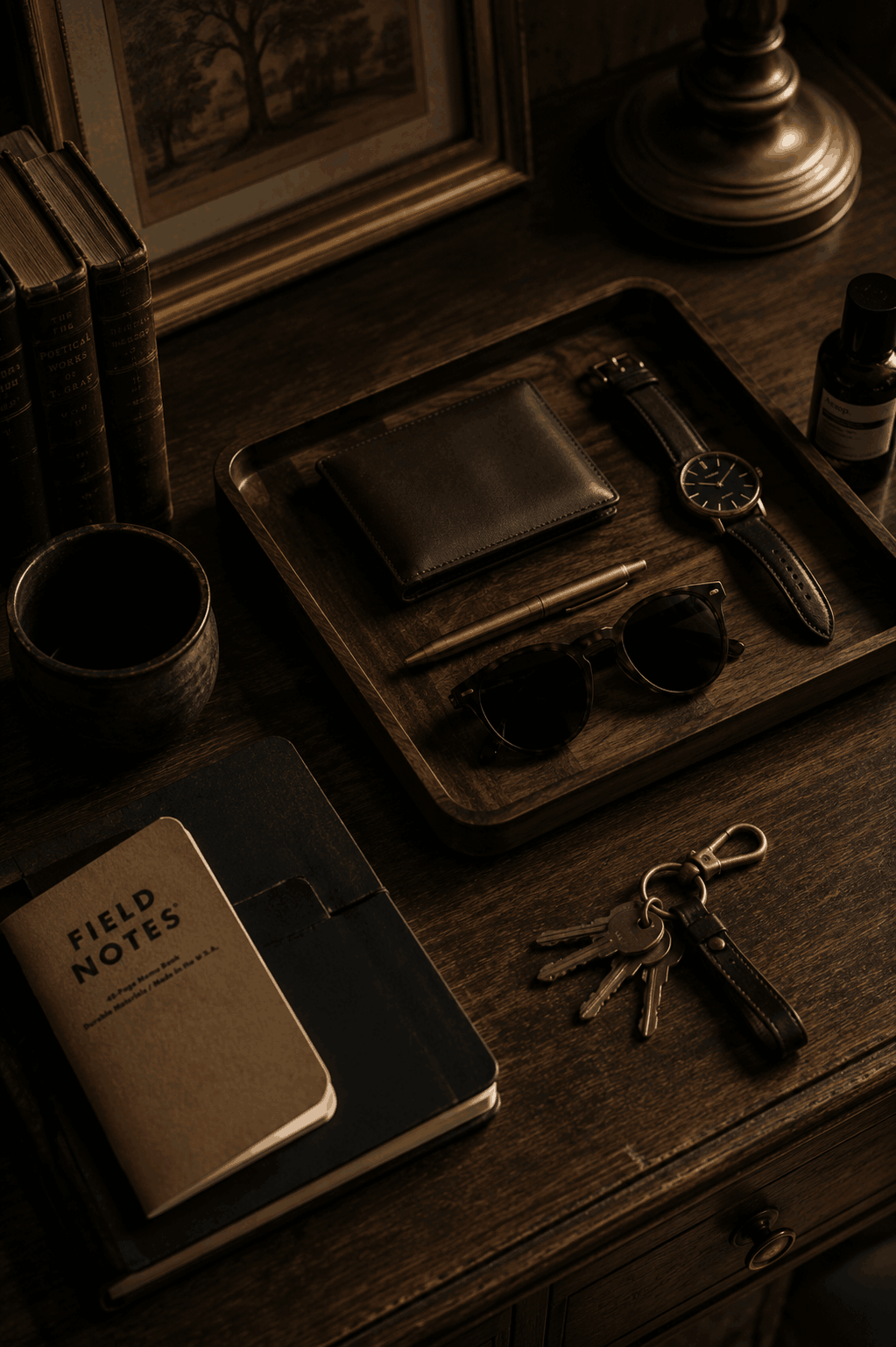 Everyday objects including a leather wallet, watch, sunglasses, keys, notebook, pen, and belt arranged on a wooden tabletop.