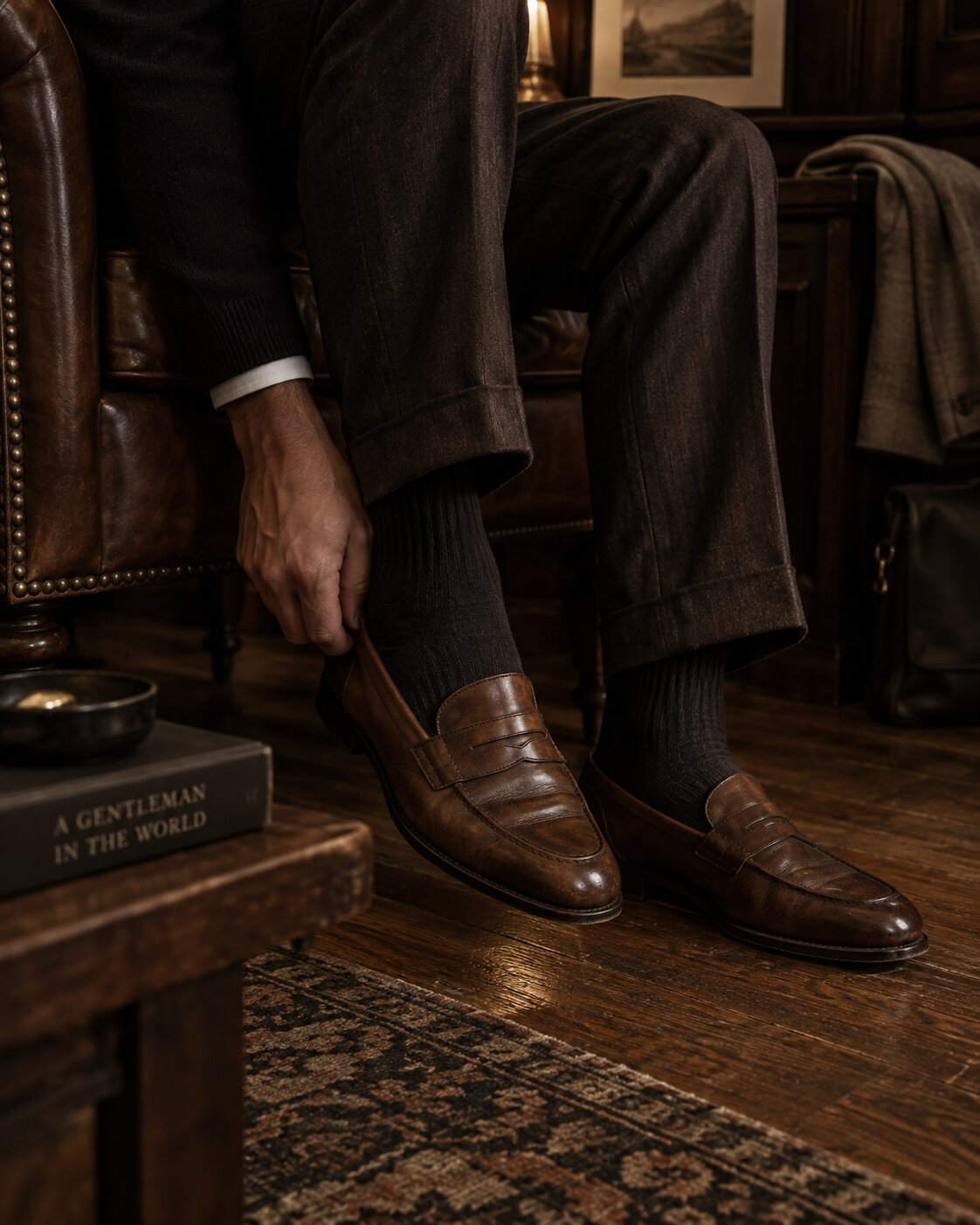 Man wearing dark tailored trousers and brown leather loafers while seated in a leather chair.