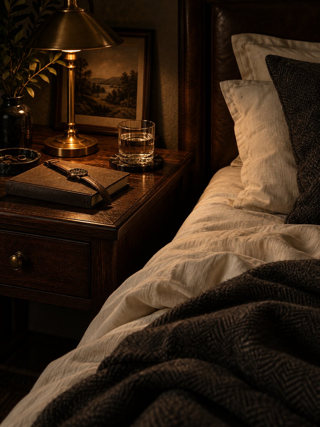 Cream bedding, dark wool blanket, walnut nightstand, brass lamp, watch, and water glass in a warm, understated men’s bedroom.