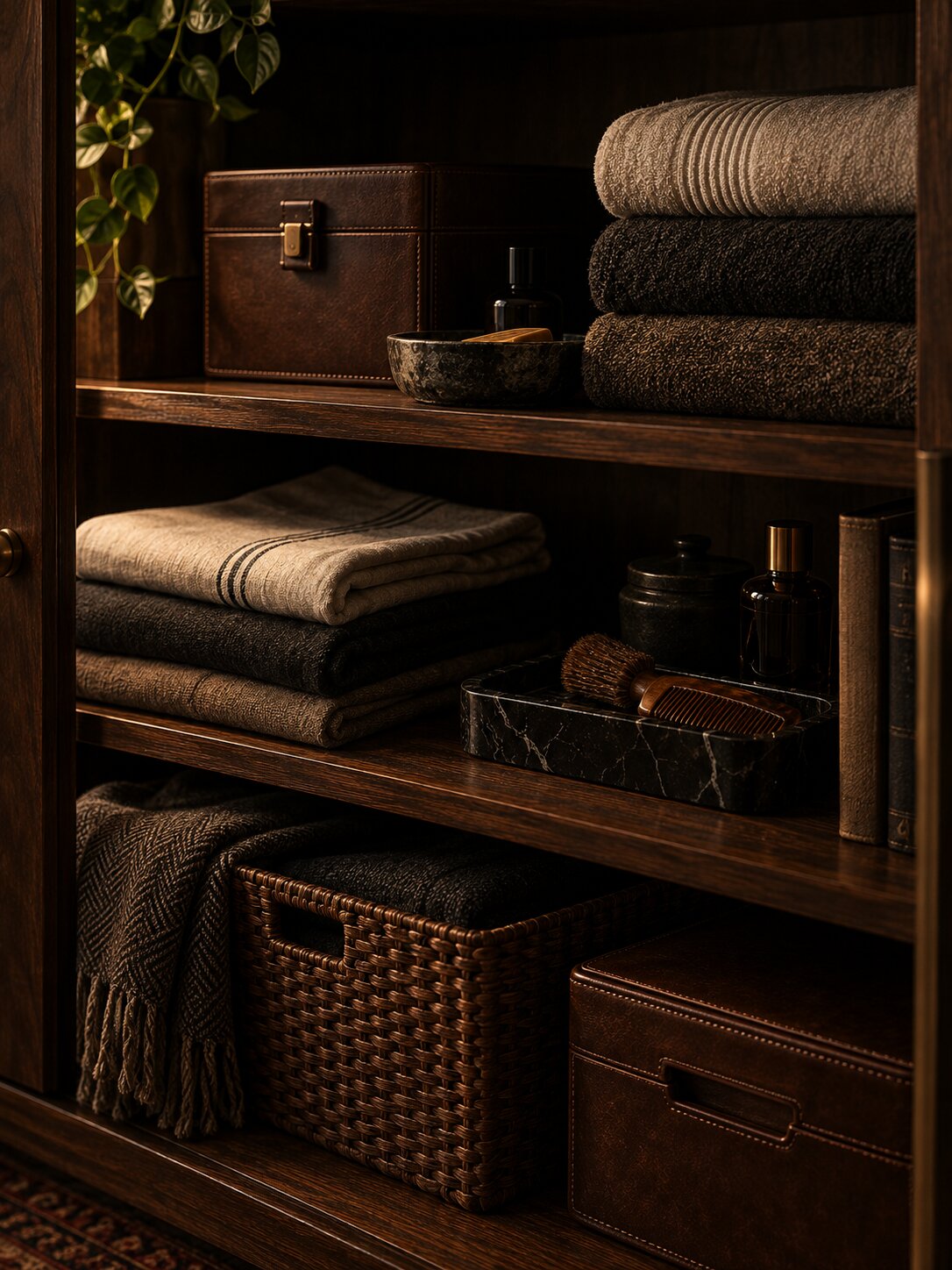Dark walnut shelving with neatly folded towels, woven storage baskets, leather boxes, books, and grooming essentials arranged in an organized home space.