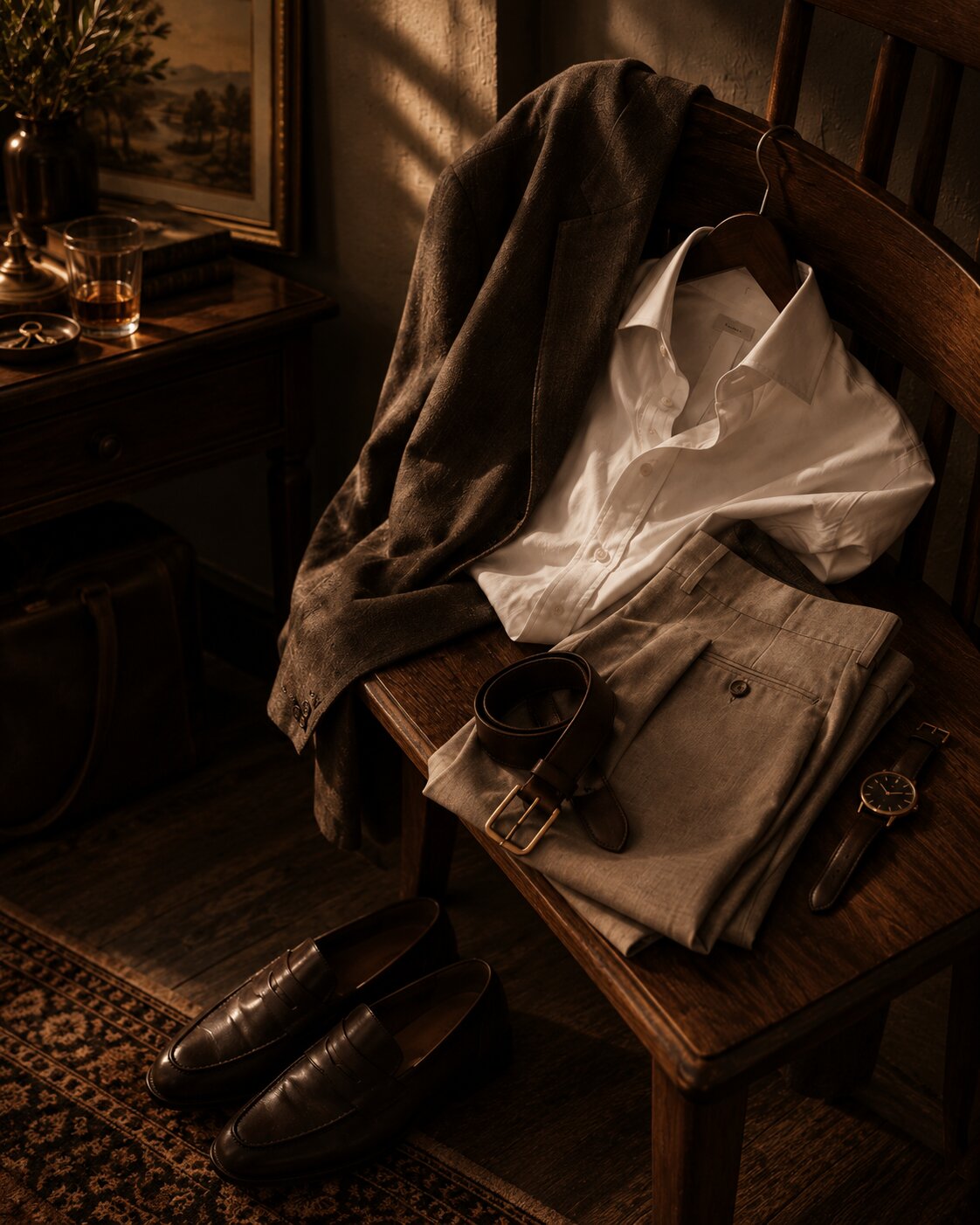 A white shirt, brown blazer, pleated trousers, leather belt, watch, and dark loafers arranged on a wooden chair in a warm, moody dressing scene.