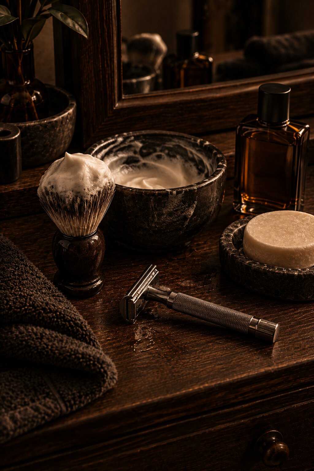Traditional shaving setup with safety razor, shaving brush, lather bowl, shave soap, aftershave, and dark towel.