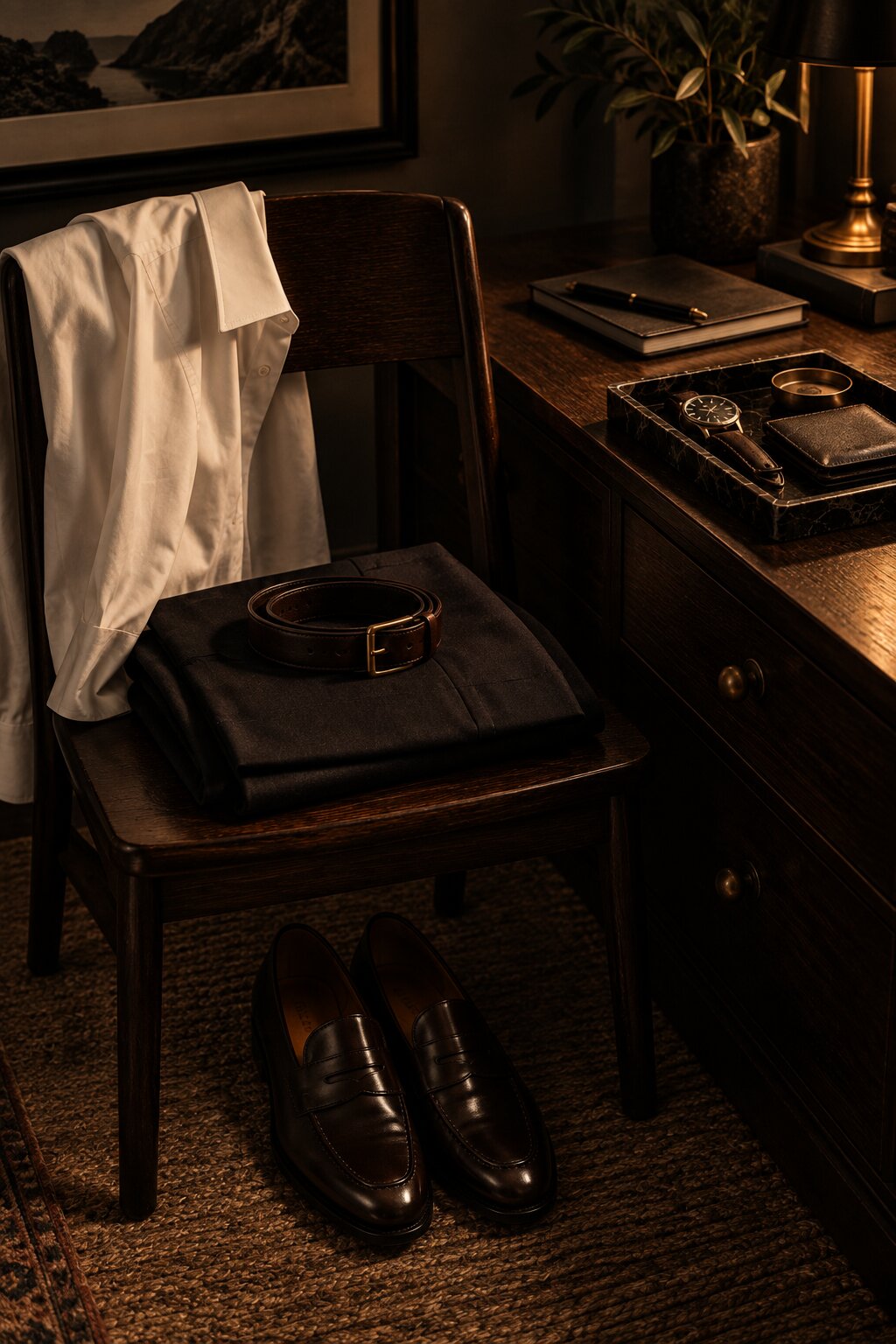 White shirt, folded trousers, belt, polished loafers, watch, wallet, and notebook arranged for the next day.