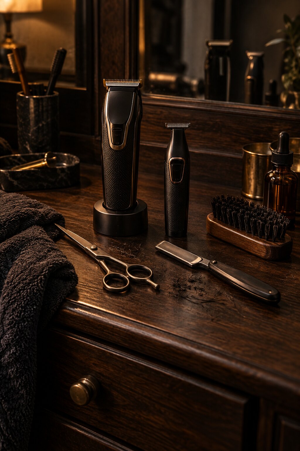 Dark wood beard grooming station with electric clippers, detail trimmer, scissors, beard brush, and beard oil.