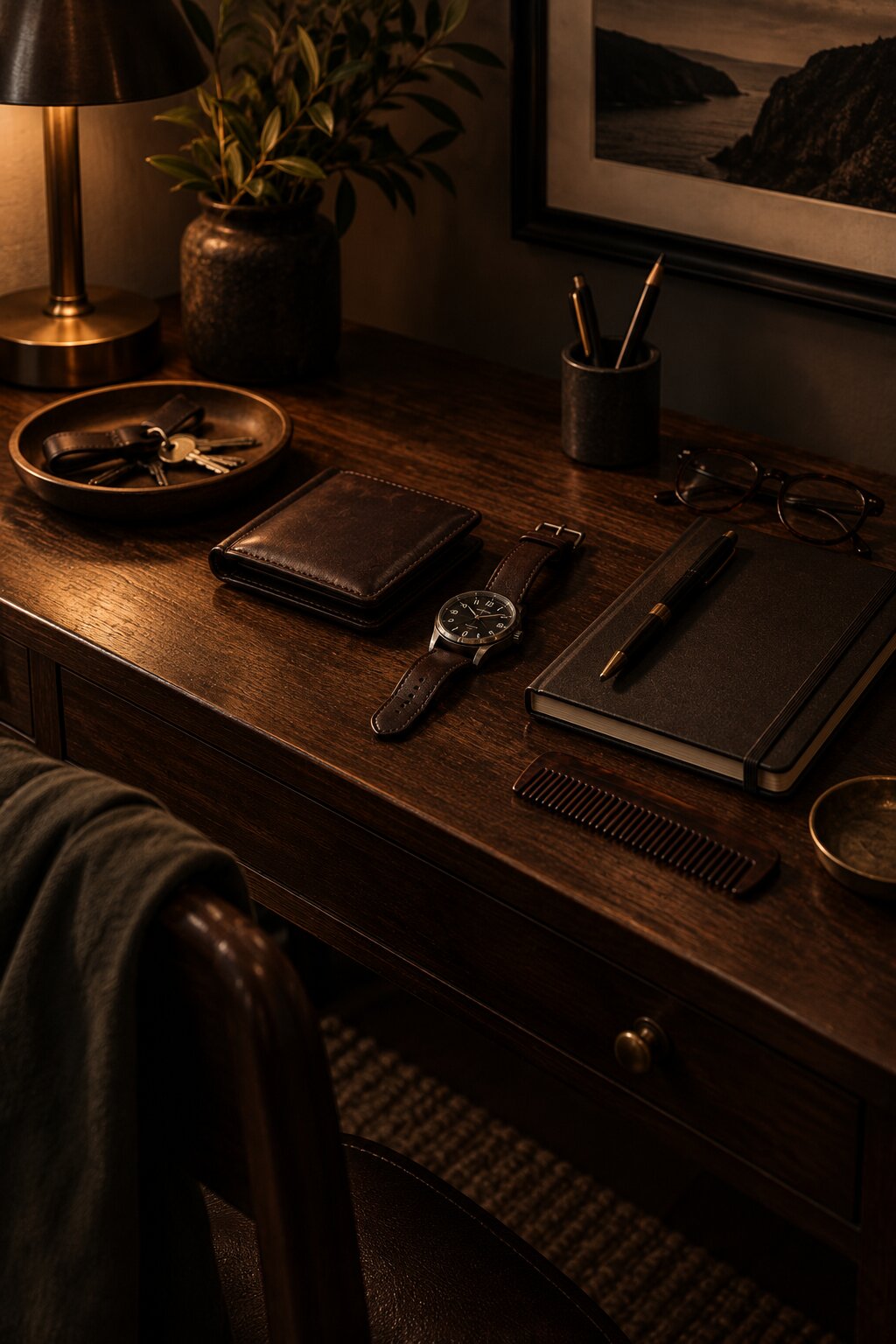 Dark wood desk with a leather wallet, wristwatch, keys, notebook, pen, glasses, and comb arranged neatly under warm ambient light.