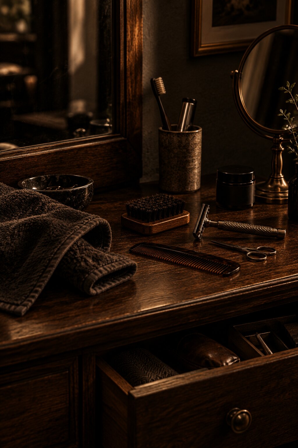 Grooming tools including a razor, shaving brush, comb, scissors, soap, and towel arranged on a textured stone surface.