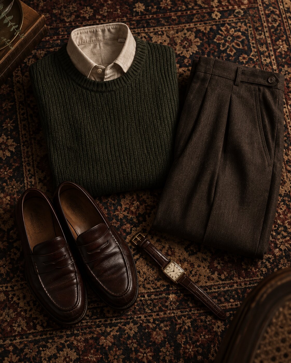 Men’s dark green sweater vest, white dress shirt, brown trousers, leather loafers, and watch arranged on a patterned rug