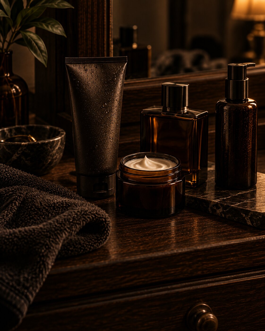 Men’s skincare and fragrance products arranged on a dark wood vanity with moisturizer, cleanser, cologne, and a folded towel under warm ambient light.