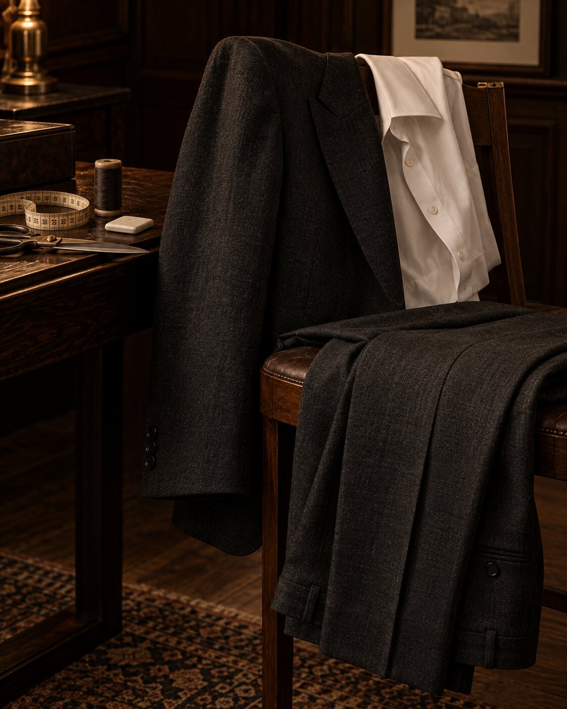 Charcoal suit, white dress shirt, measuring tape, thread, and tailoring scissors arranged in a warm, dark wood tailoring workspace.