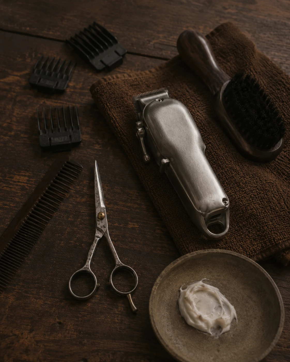 Black-and-white photograph of men receiving haircuts and shaves inside a mid-century barbershop.