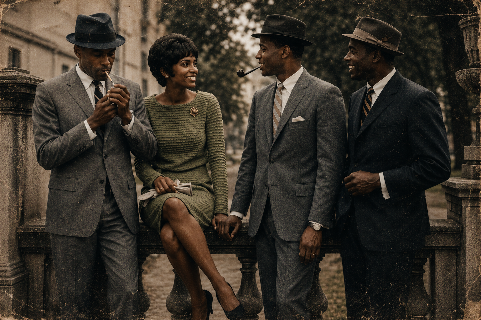 Vintage portrait of three well-dressed Black men and a woman gathered outdoors in 1960s formal attire.