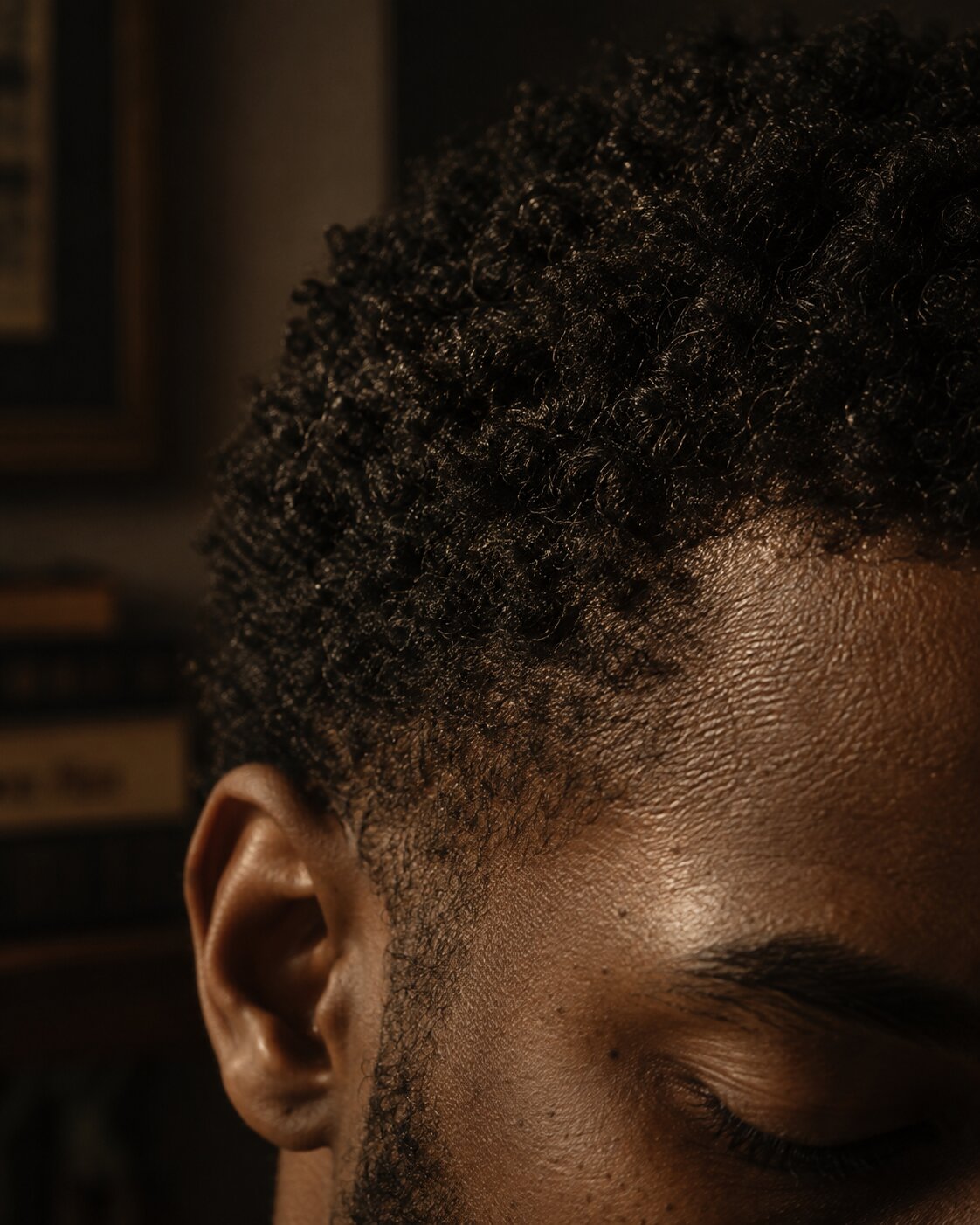 Close-up of a Black man examining razor bumps and dark spots along his cheek and jawline in a mirror under warm, low light.
