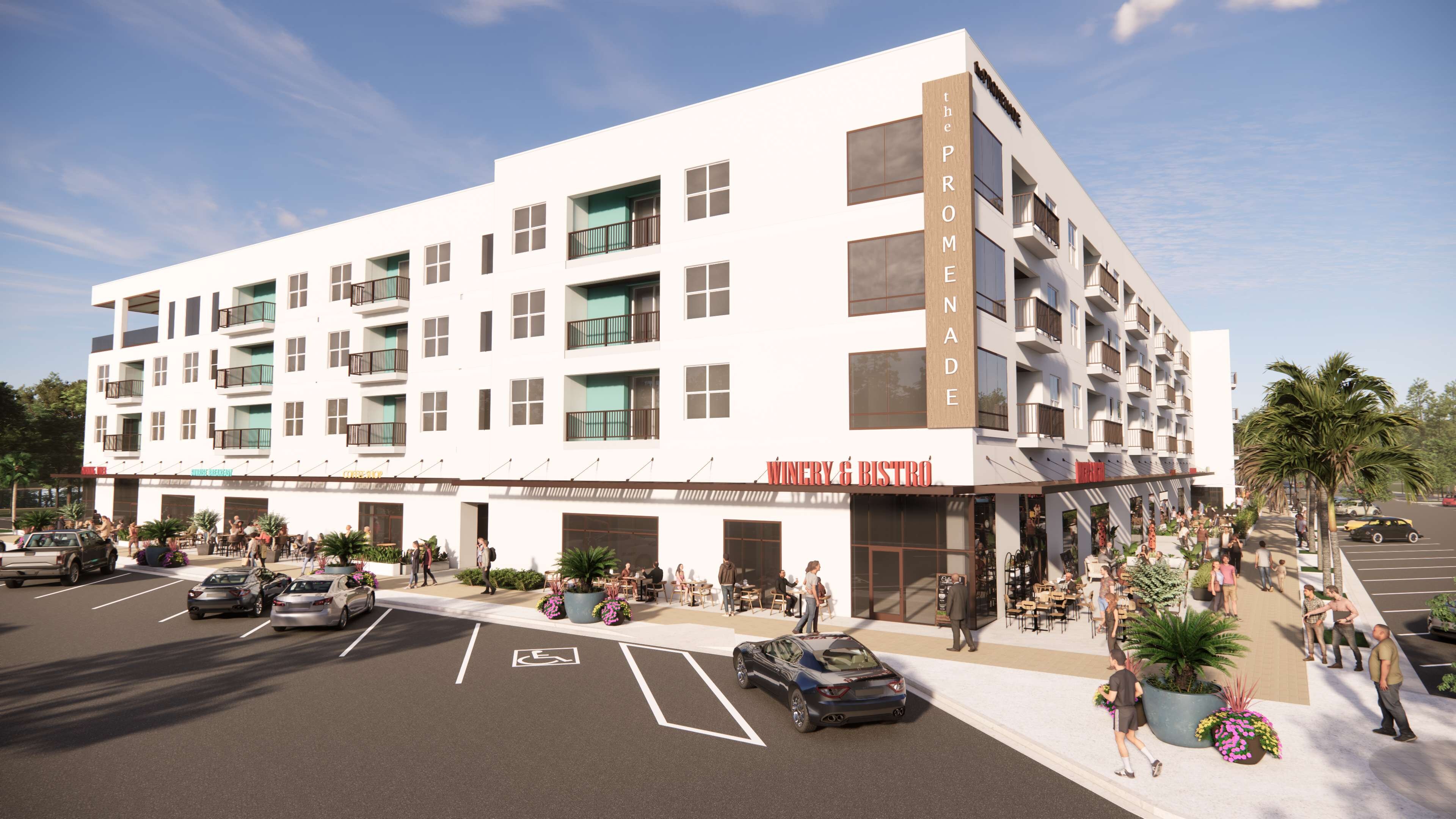 A rendering of some of the six buildings of The Promenade at Town Center, with shops on the first floor and small apartments above.