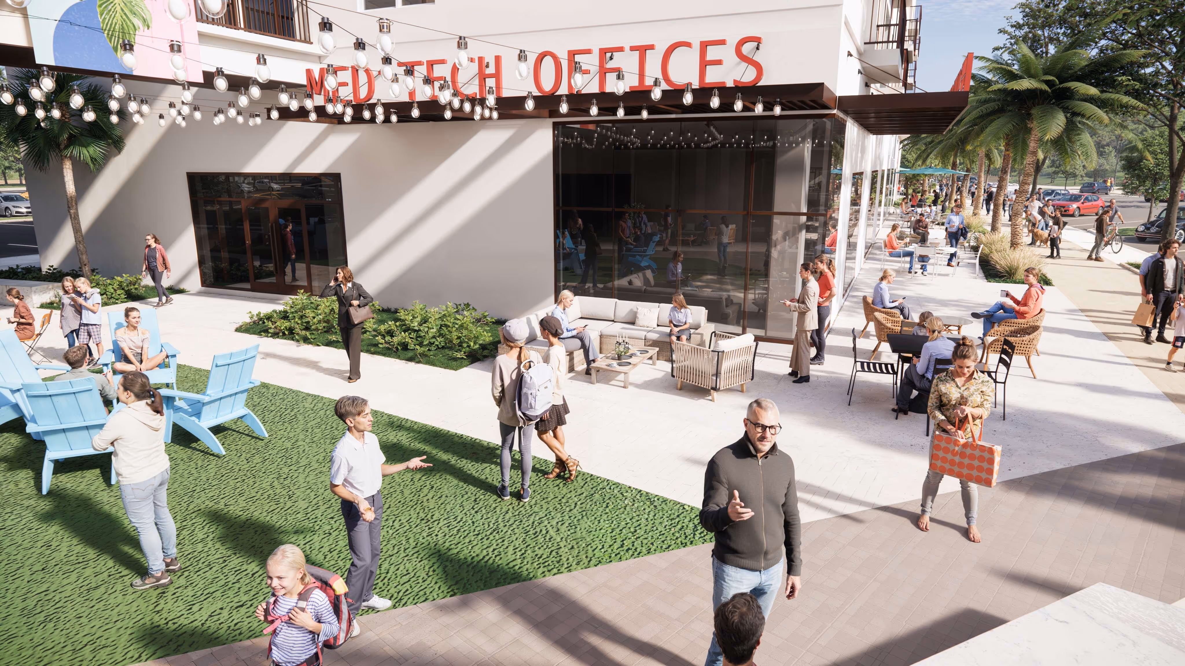 A rendering of some of the six buildings of The Promenade at Town Center, with shops on the first floor and small apartments above.