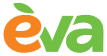 Логотип бренду eva з літерою 'e' у вигляді помаранчевого фрукта з зеленим листком.