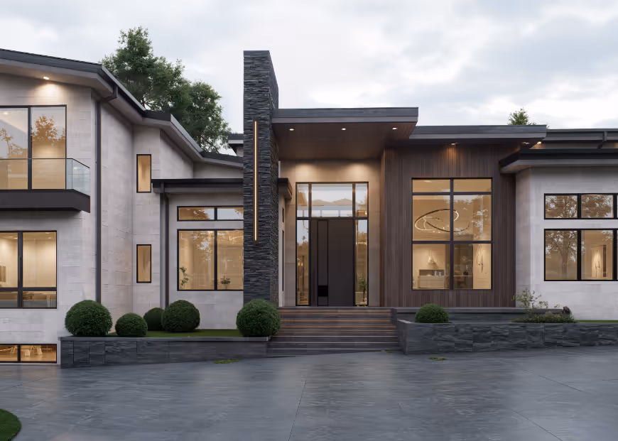 Modern two-story house exterior with large windows, a stone chimney, wood paneling, and manicured bushes.