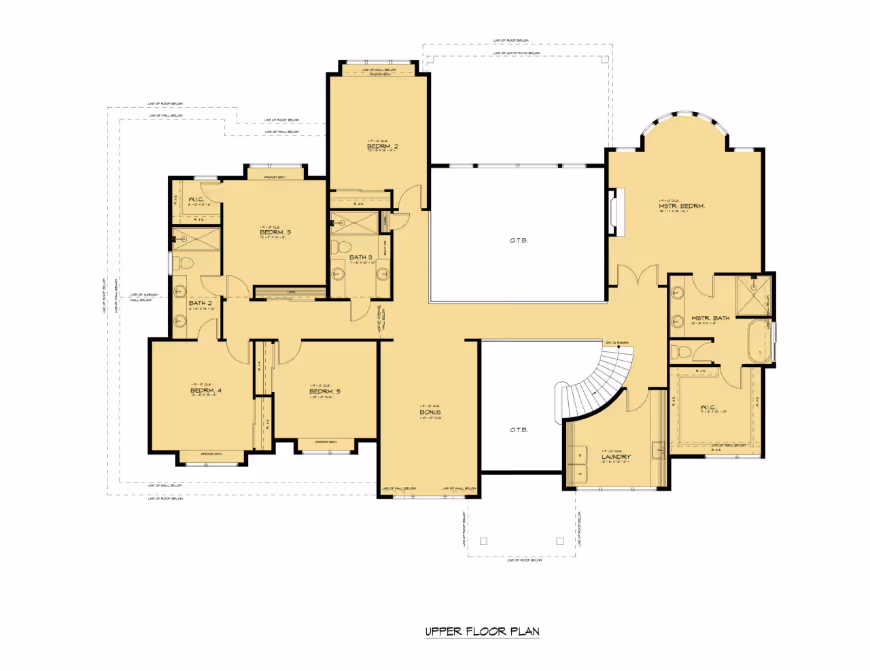 Architectural blueprint of an upper floor plan featuring five bedrooms, three bathrooms, a laundry room, bonus room, and master suite with bath and walk-in closet.